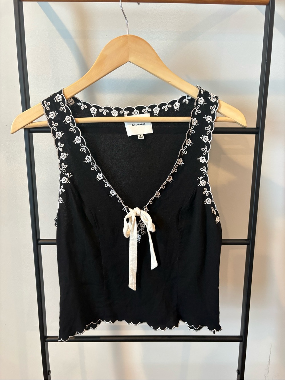 Reformation Black Tie-Front Embroidered Camisole